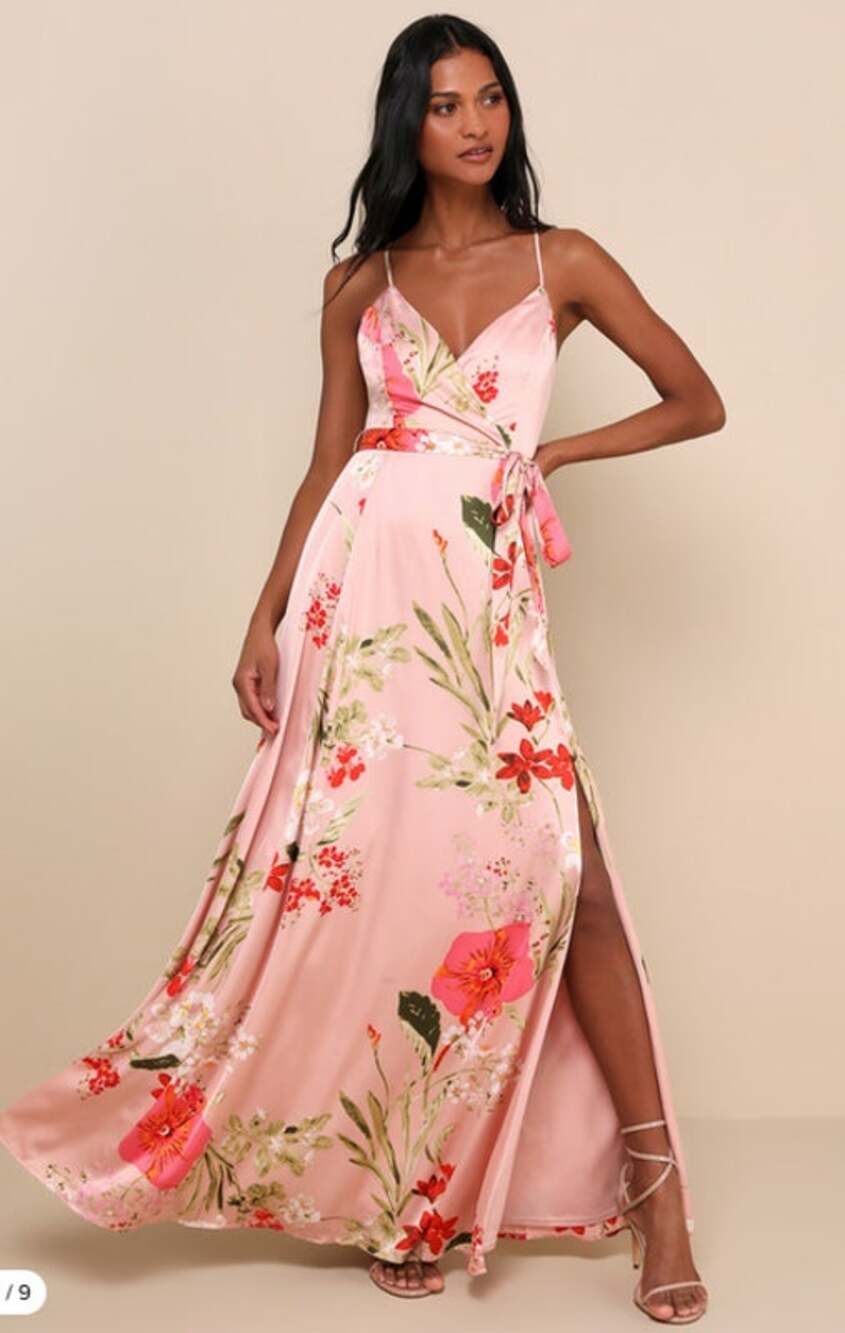 Lulus Still The One Blush Pink Floral Wrap Maxi Dress Women's L